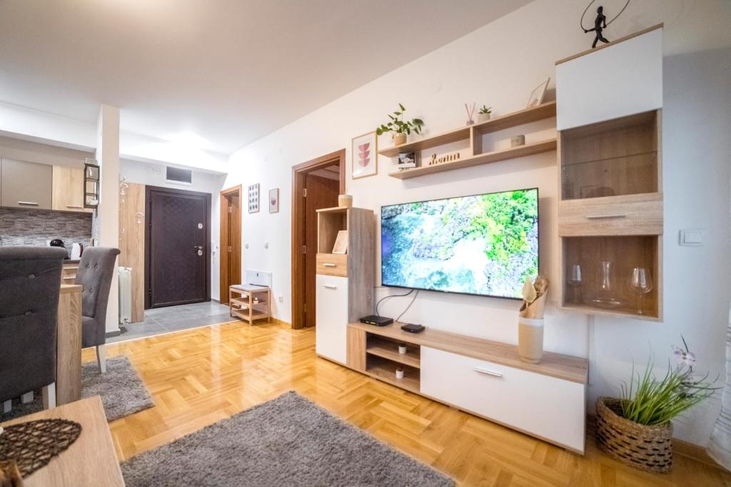 a living room with a flat screen tv on a wall at Lux Apartmani Rakić in Pirot