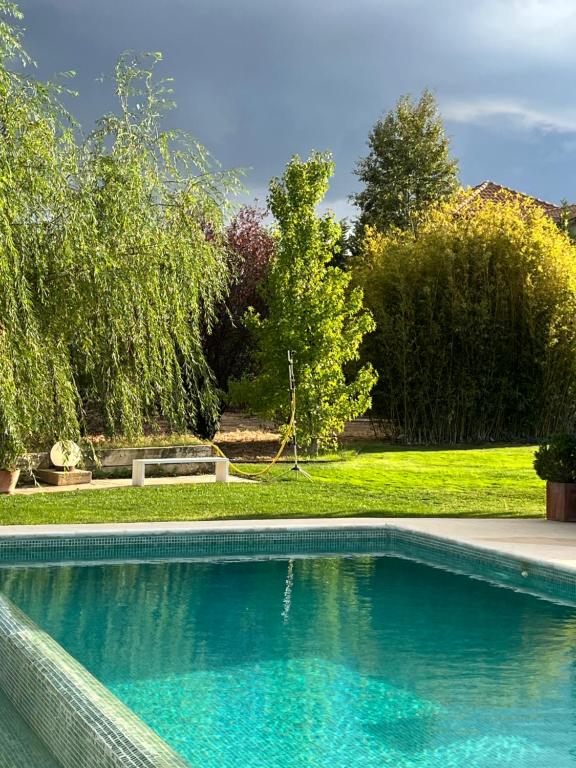 a swimming pool in a yard with trees at Espacio Shangrila.One in Uceda