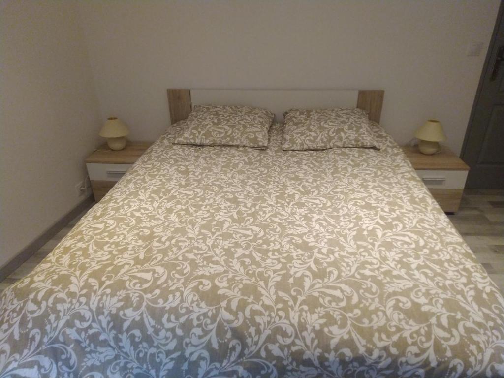 Rothau的住宿－Chez Bruno，卧室内的一张床位,配有两个床头柜和两盏灯