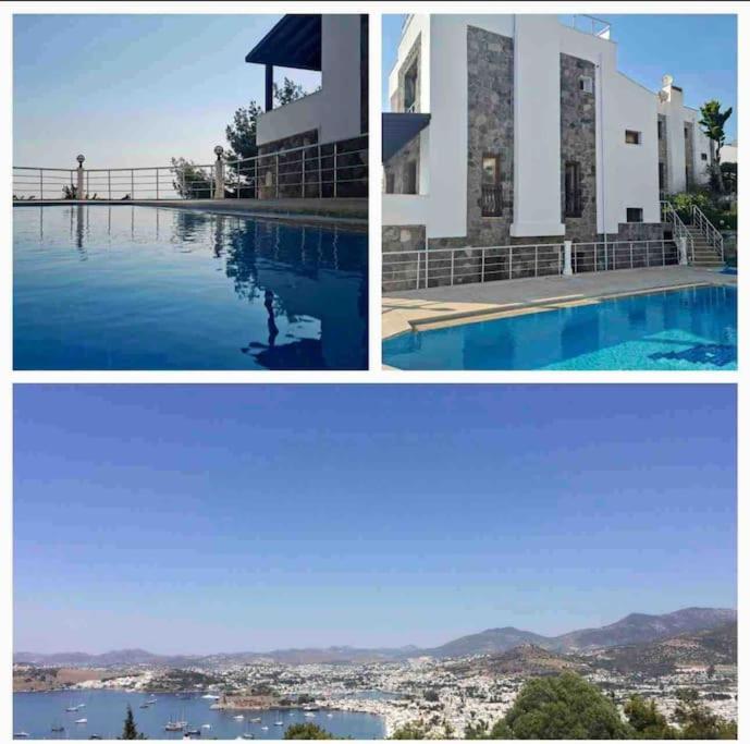 een collage van twee foto's van een gebouw en een zwembad bij Villa with sea view & pool in Bodrum City