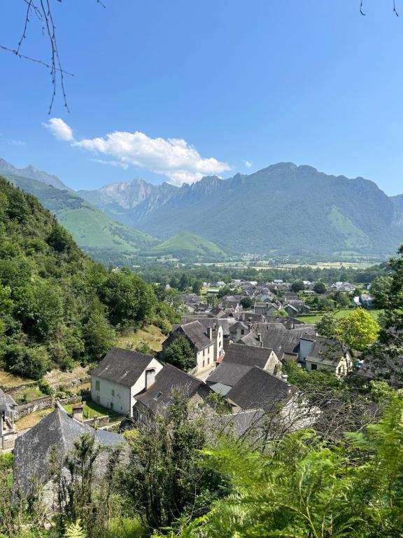 a village in a valley with mountains in the background at chalet en montagne in Lées-Athas