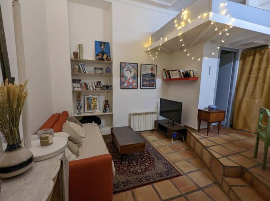 a living room with a couch and a television at Charmant studio atypique in Paris