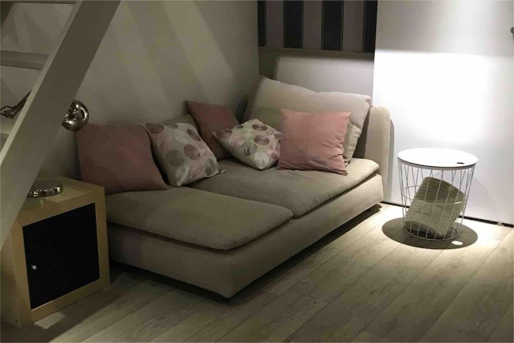 uma sala de estar com um sofá com almofadas em Petite maison Liégeoise «la cabane de Liège» em Liège