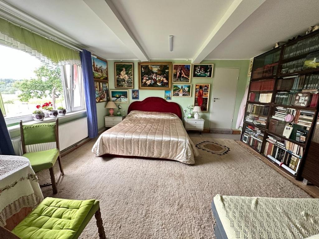 a bedroom with a bed and a large window at Piekalne in Kalnieši