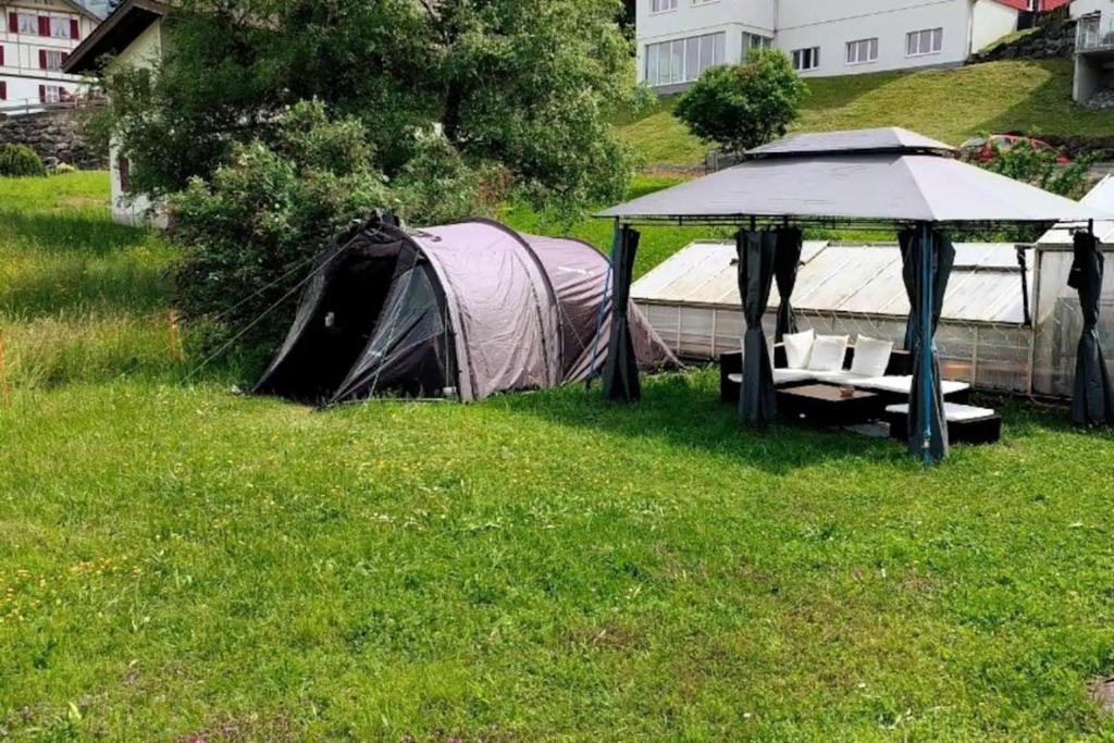 grupa namiotów na trawiastym polu w obiekcie Panorama Camping w mieście Krattigen