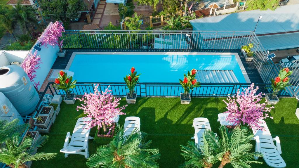 una vista aérea de una piscina con sillas y árboles en Happy 99 Guest house, en Patong Beach