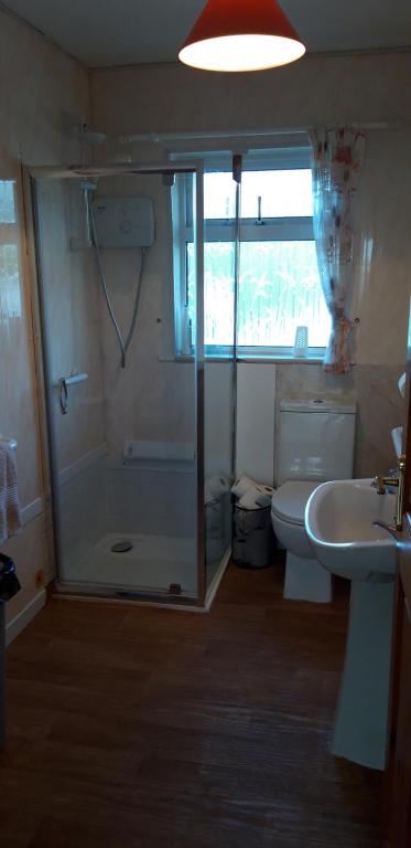 a bathroom with a shower and a toilet and a sink at Maggie's House in Glenties