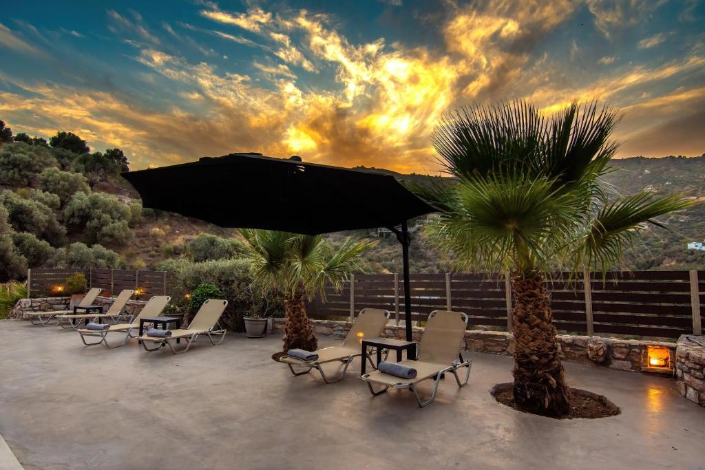 d'une terrasse avec des chaises, un parasol et des palmiers. dans l'établissement Cicada 4 Bedroom Villa, à Palaiokastro