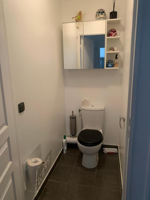 a bathroom with a toilet with a black seat at Penthouse avec jacuzzi in Asnières-sur-Seine