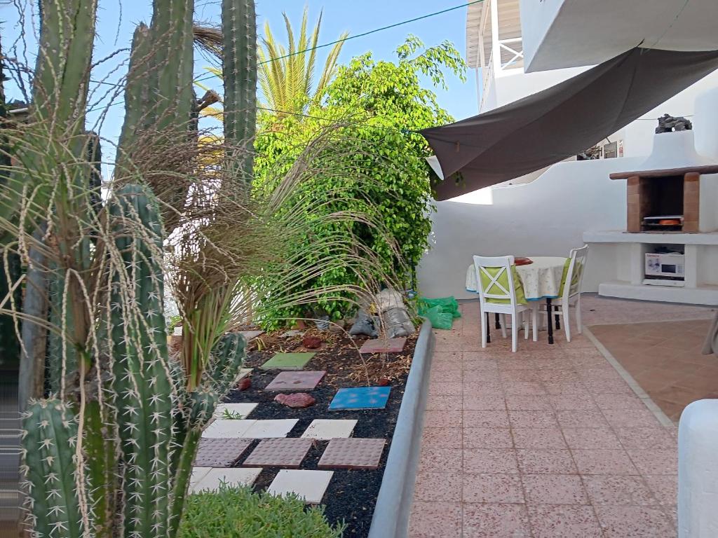 ein Garten mit einem Kaktus und einem Tisch und Stühlen in der Unterkunft MI CASITA DE LA PLAYA in Puerto del Carmen