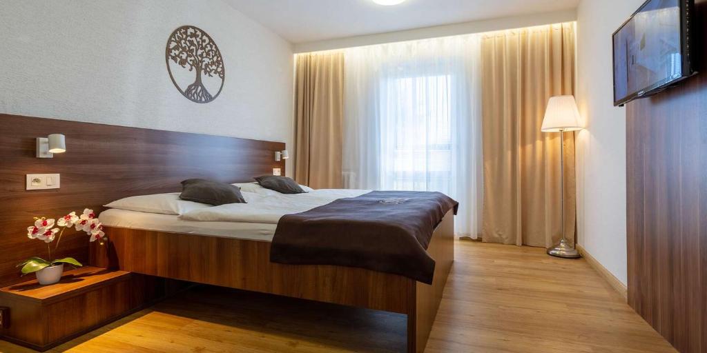 a bedroom with a large bed and a television at WX Hotel in Bratislava