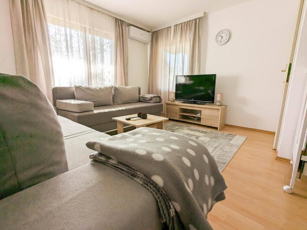 a living room with a couch and a tv at Duplex House in Bijeljina