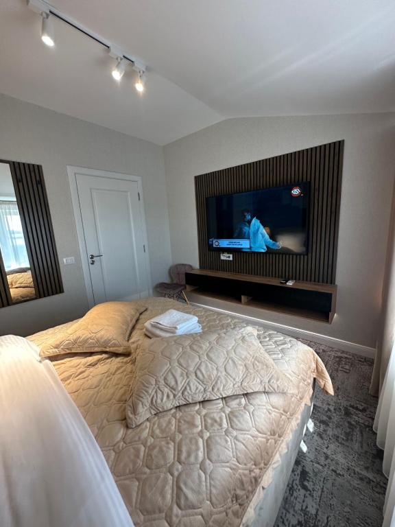 a bedroom with a bed and a flat screen tv at Complex Rediu 54 Luxury Apartaments in Iaşi