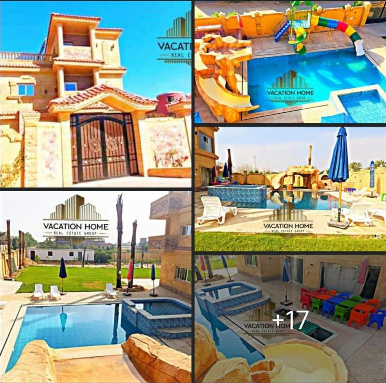 a collage of four pictures of a swimming pool at الريف الاوروبي طريق مصر إسكندرية الصحراوى in El-Maṣâni`