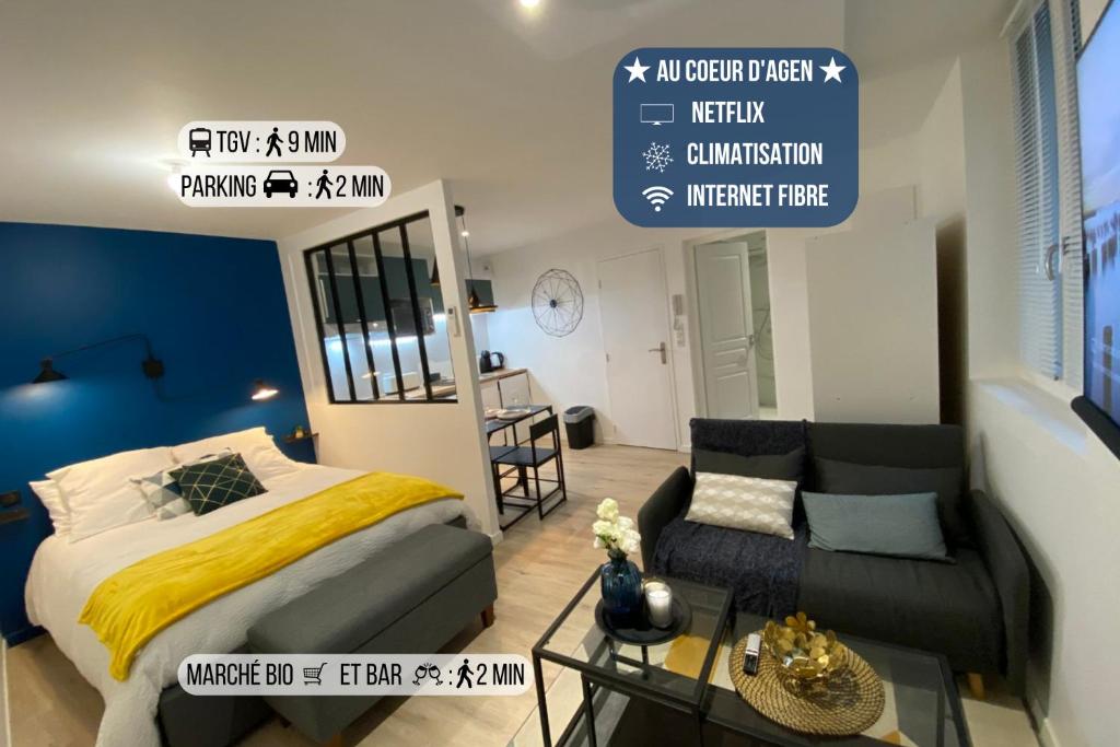 a bedroom and a living room with a bed and a couch at Le Standing - Au Coeur d'Agen - Self Checkin - Wifi - Netflix - Smart TV - Luqs fr in Agen