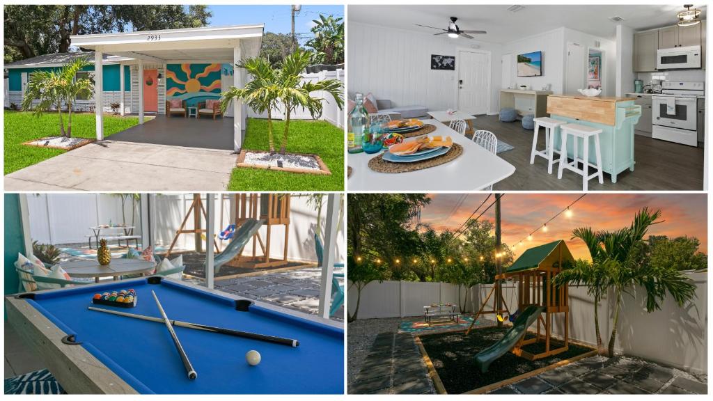 a collage of photos of a house with a pool table at 5 min Beaches~Mini Golf~Pool Table~Pets~KING BED + in Largo