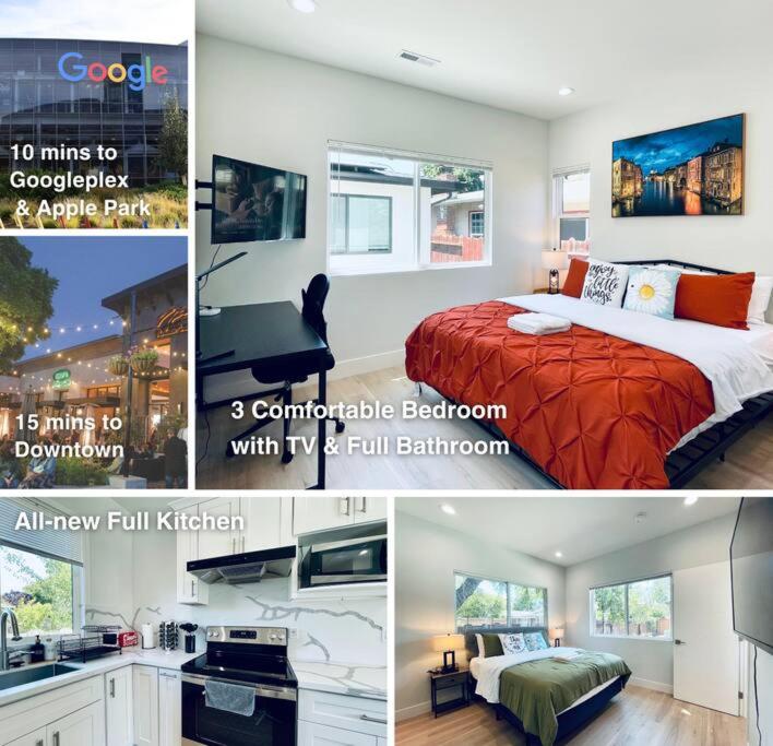 un collage de trois photos d'une chambre avec un lit dans l'établissement Sunnyvale Cozy New 3B3b home/Gogle/speed WiFi, à Sunnyvale
