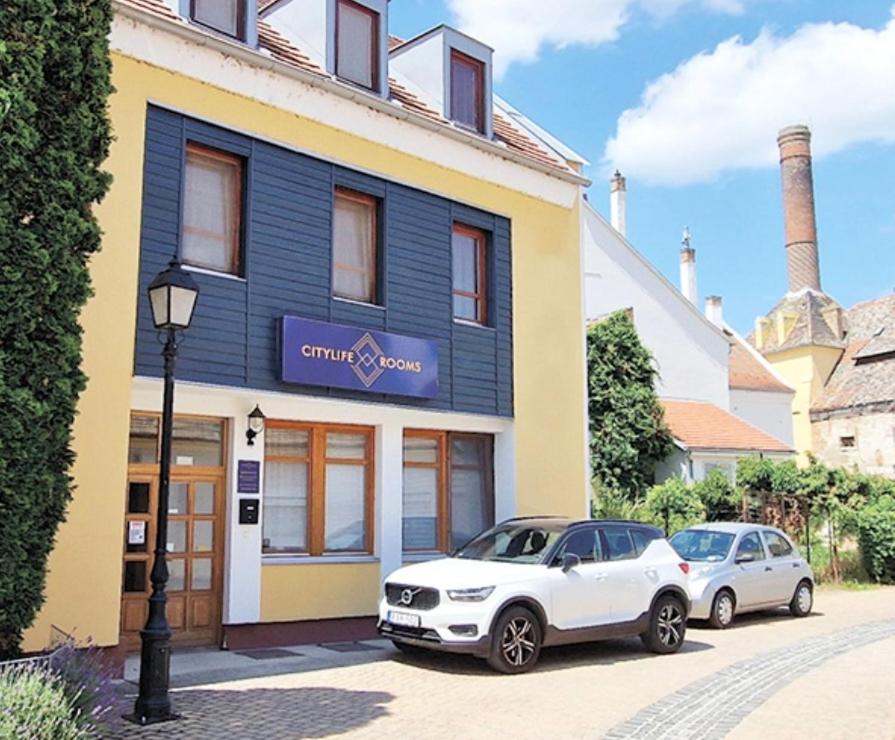 dos coches estacionados frente a un edificio en Citylife Rooms en Mosonmagyaróvár