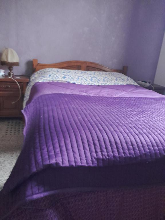 a purple comforter on a bed in a bedroom at belle maison in Cormeilles-en-Parisis