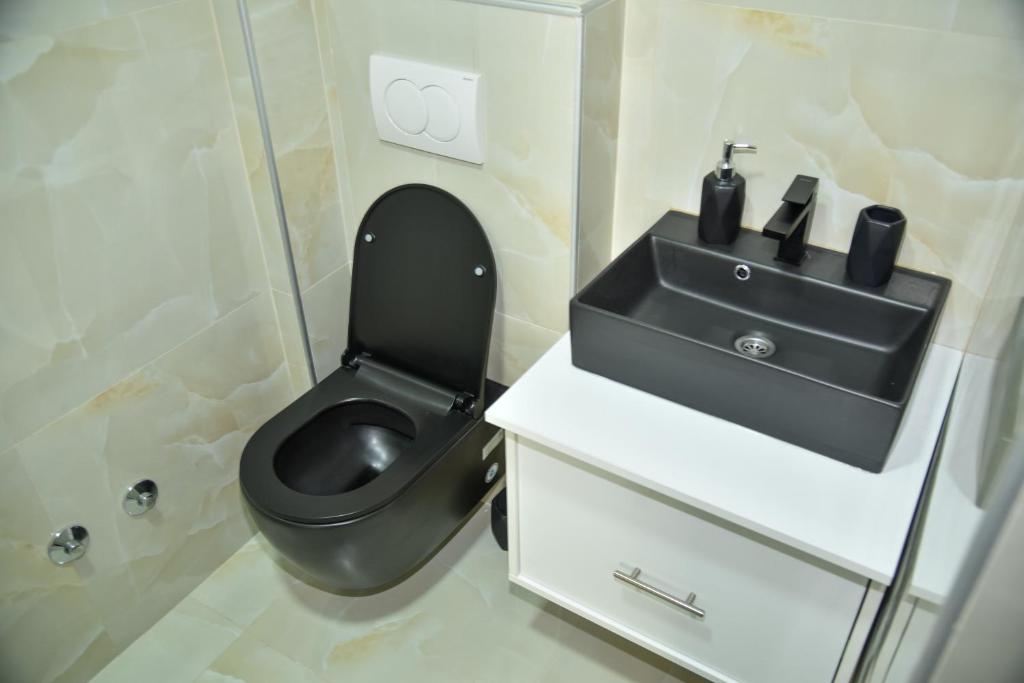 a bathroom with a black toilet and a sink at Apartmani COLOSSEUM in Bratunac