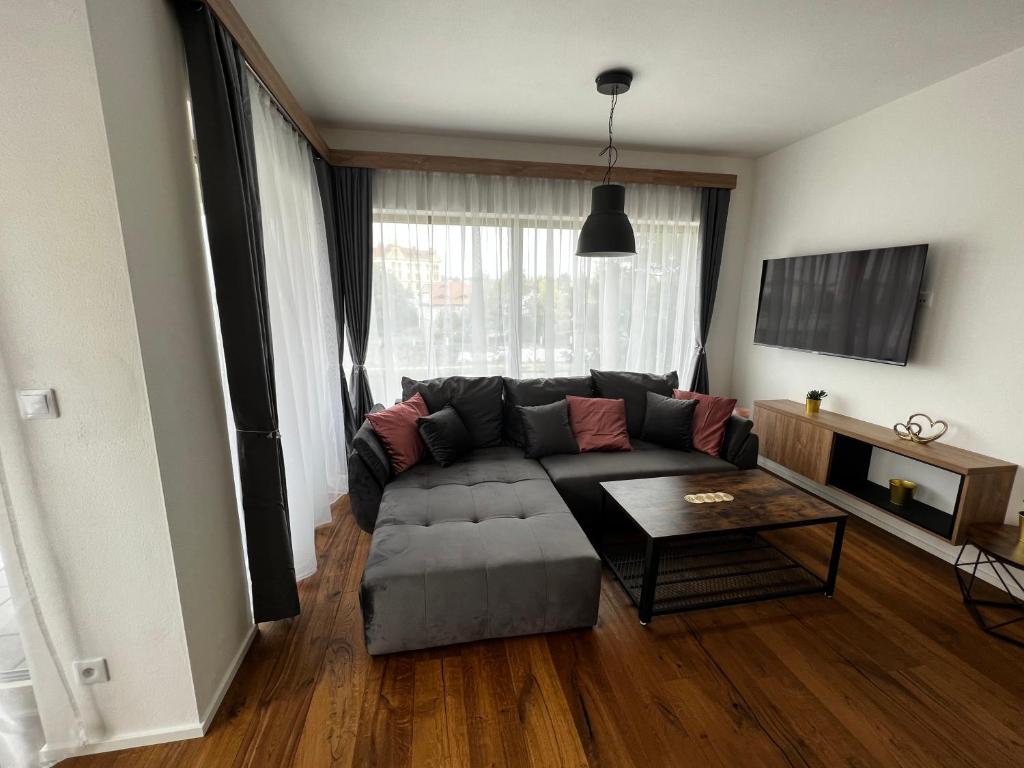 a living room with a couch and a table at Apartman Champion III in Pilsen