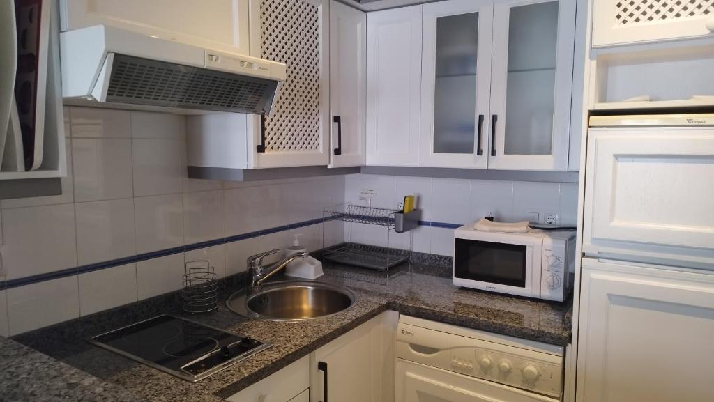 セビリアにあるSuite Center San Lorenzo 35の白いキャビネット、シンク、電子レンジ付きのキッチンが備わります。