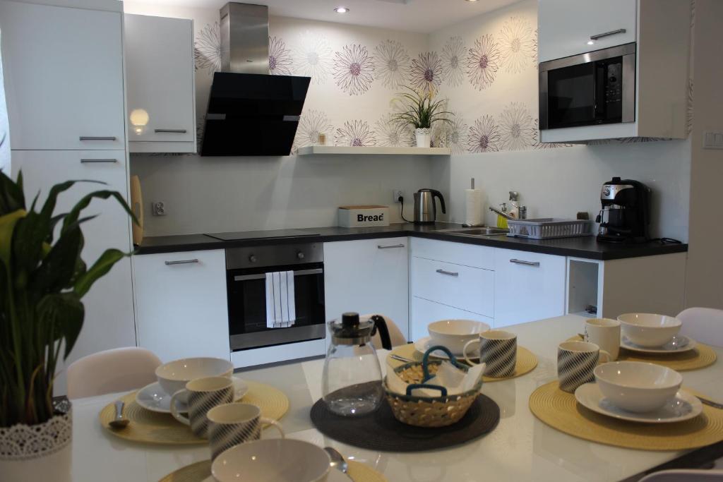 Kuchyň nebo kuchyňský kout v ubytování Apartament Biały na osiedlu "Apartamenty pod Śnieżką"