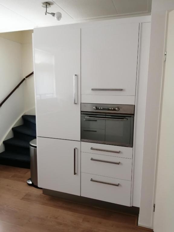 Kuchyň nebo kuchyňský kout v ubytování Fries Vakantiehuis, grote tuin, nabij het Pikmeer