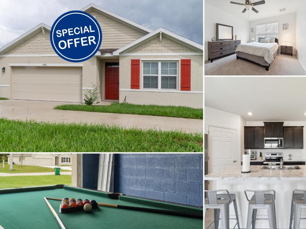 a collage of pictures of a house with a pool table at Brand New 4-Bedroom House near Disney & Beaches! in Port Saint Lucie