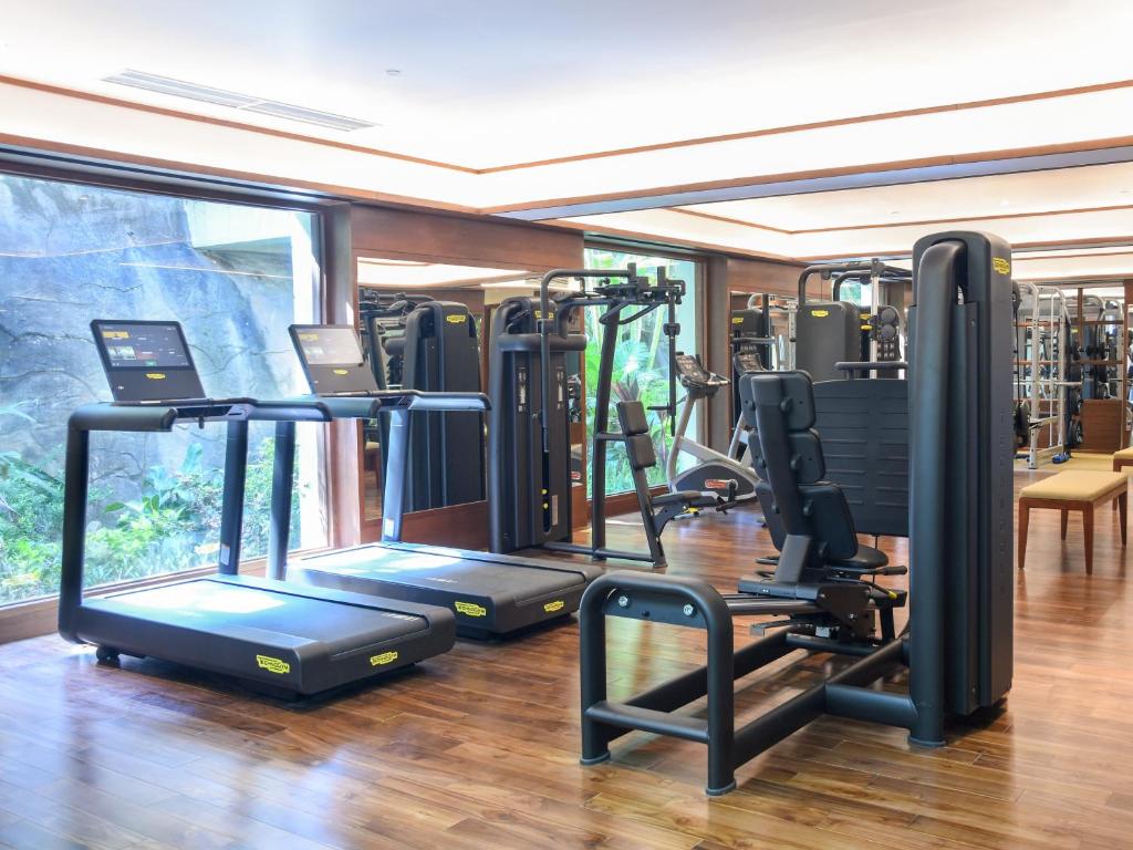 A bright gym with treadmills, strength machines and garden-facing windows.