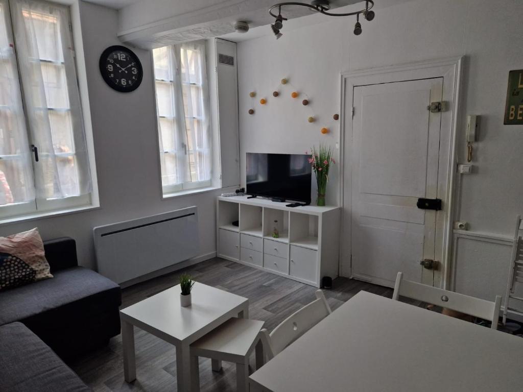a living room with a couch and a tv at Superbe appartement - Hypercentre - rue Madeleine - 6 personnes in Troyes