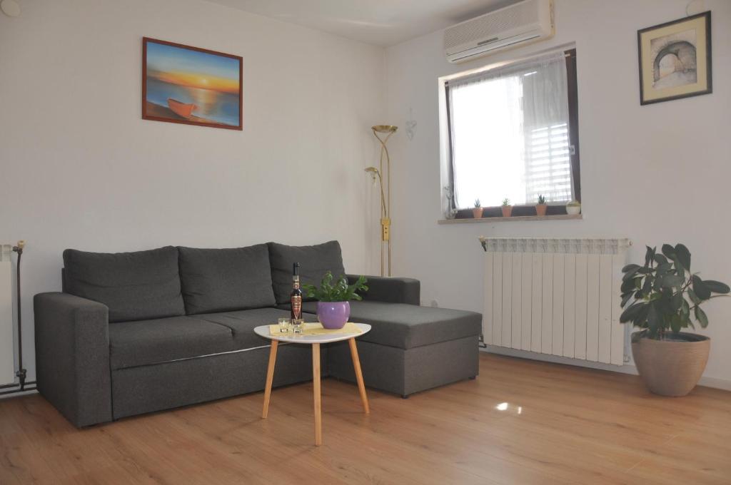 a living room with a gray couch and a table at Apartman Mirna in Rovinj