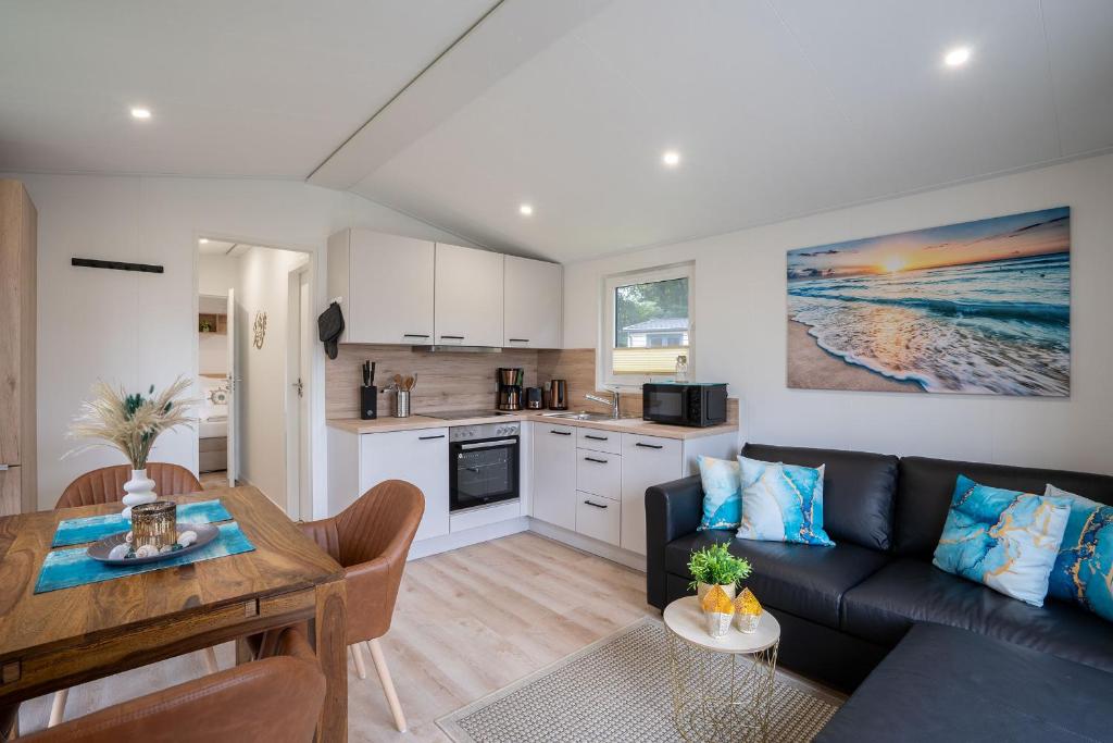 シャルボイツにあるOstseecamp Ferienhaus "Karin"のソファとテーブルのあるリビングルームとキッチン