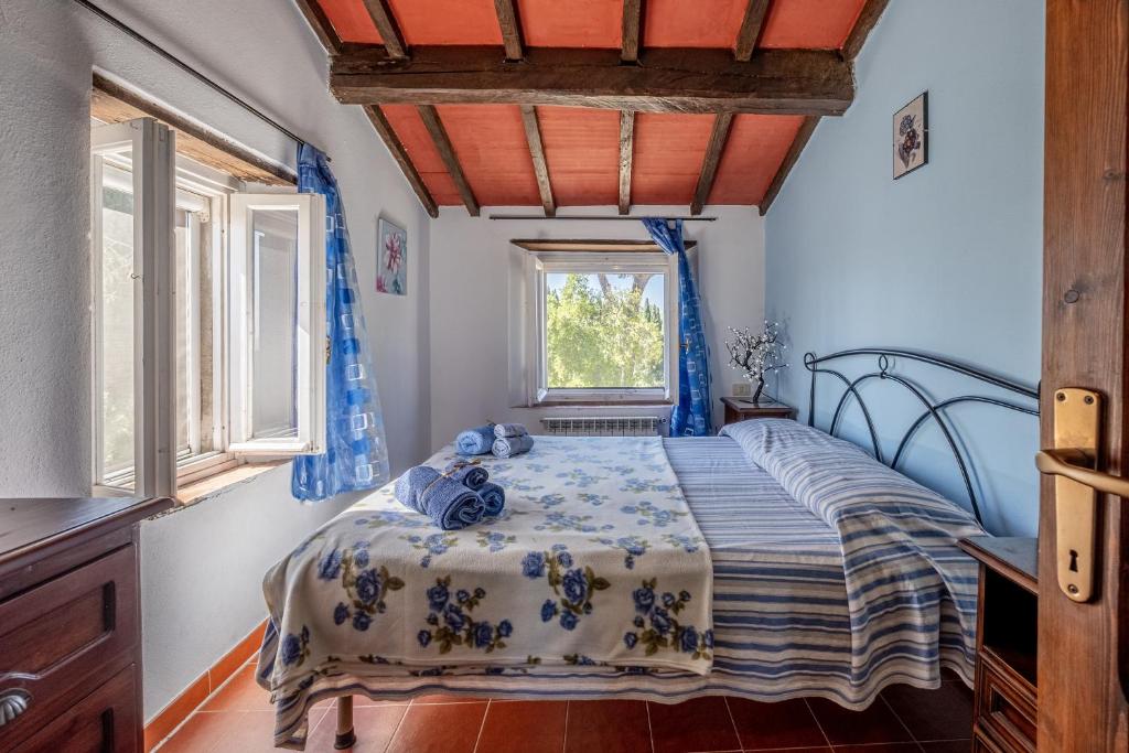 a bedroom with a bed and two windows at La pieve - Gerani in Pereta