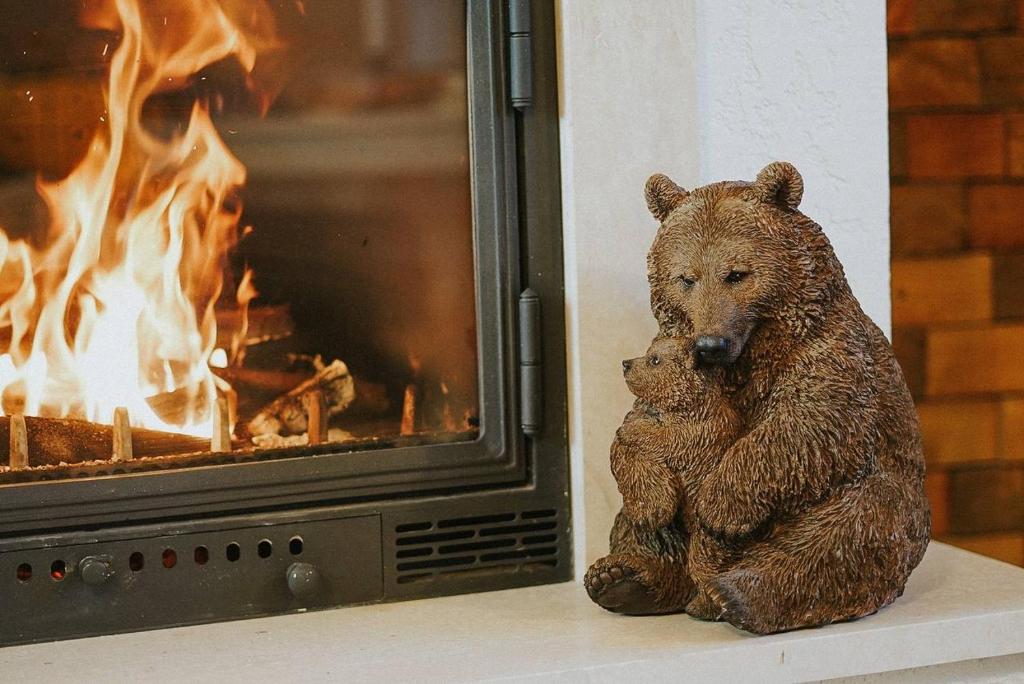 a bear and a baby bear sitting next to a fireplace at Medve Barlang üdülőházak in Pilisszentkereszt