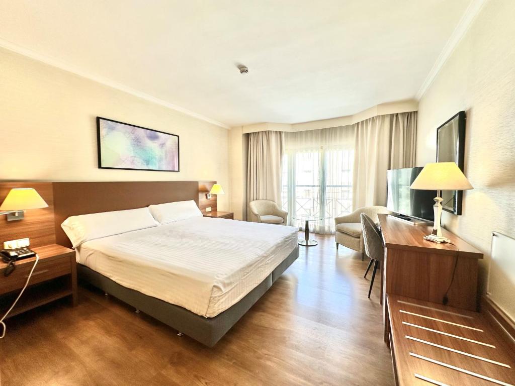 Habitación de hotel con cama y TV en Aparto-Hotel Rosales en Madrid