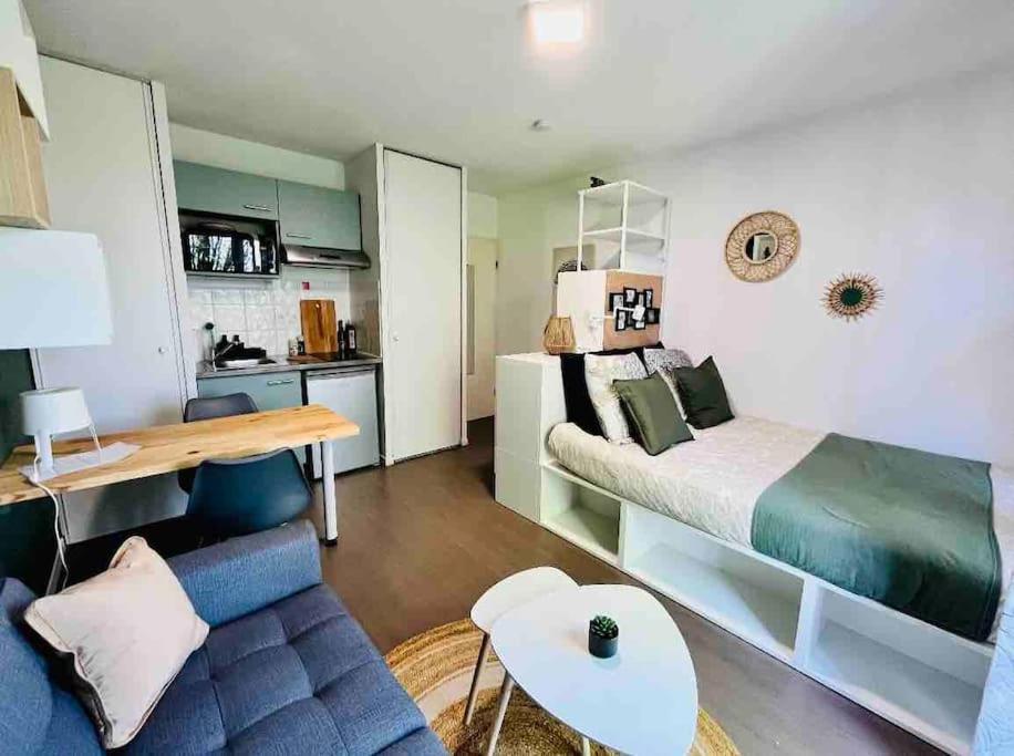 Cette chambre comprend un lit, un canapé et une table. dans l'établissement Ho Toulouse Joli Studio rénové, à Toulouse