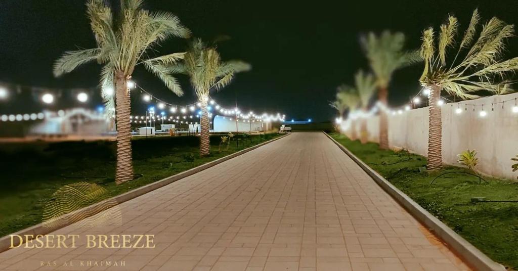 a sidewalk with palm trees and lights at night at Desert Breeze Cocoon in Ras al Khaimah
