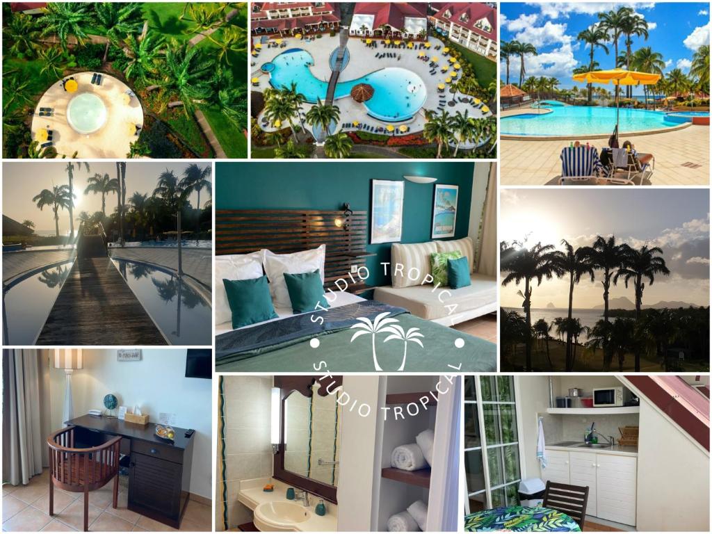 eine Collage mit Fotos eines Resorts mit Pool in der Unterkunft Studio Tropical avec vue mer dans une résidence hôtelière in Sainte-Luce