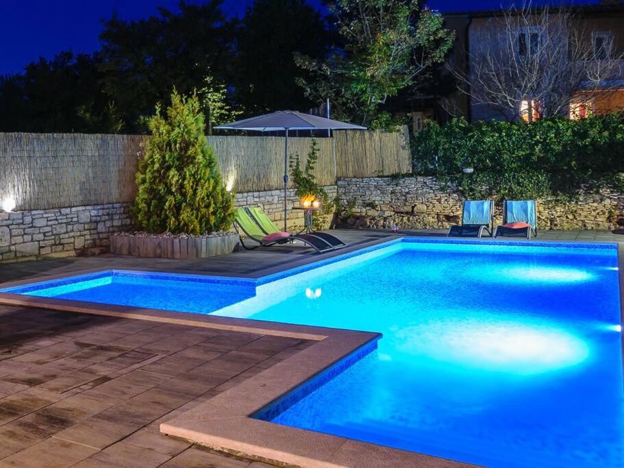 a swimming pool in a backyard at night at House Antonia by IstriaLux in Svetvinčenat