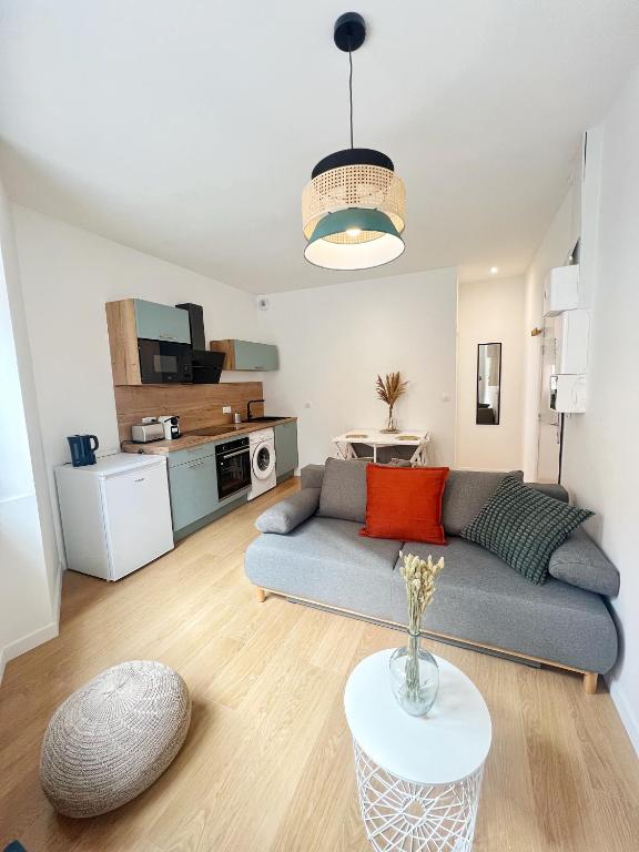 un salon avec un canapé et une table dans l'établissement LE PIQUE DE FALGUIERE - Centre - Gare - Netflix, à Toulouse