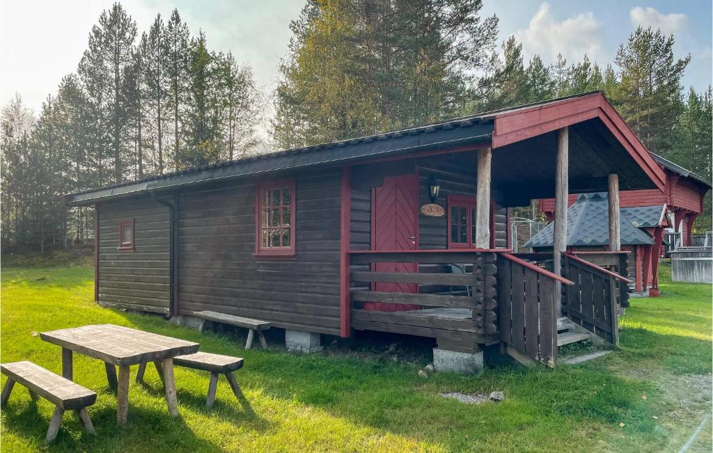 a wooden cabin with a picnic table in front of it at Pet Friendly Home In Grue Finnskog With Wifi in Svullrya