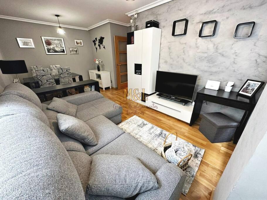 ein Wohnzimmer mit einem Sofa und einem TV in der Unterkunft Apartamento Hugu in Oviedo