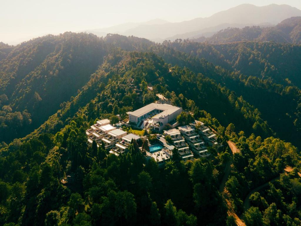 an aerial view of a building in the middle of a mountain at The Terraces Resort and Spa in Bhaktapur