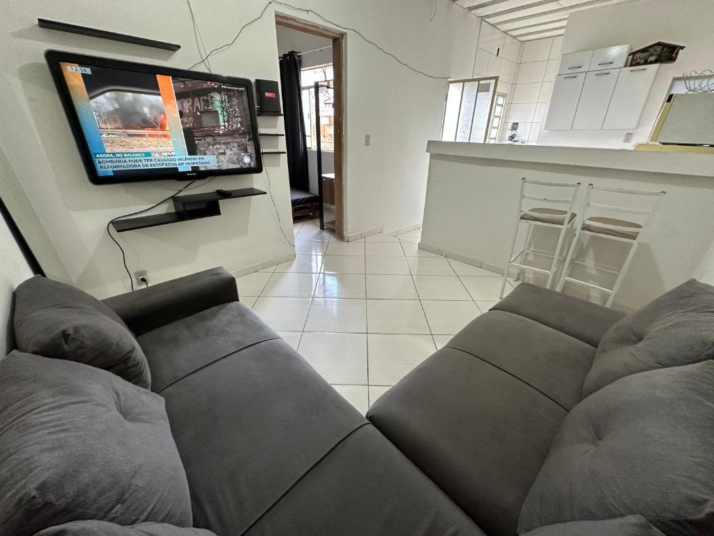 a living room with a couch and a tv at Casa aconchegante in Belo Horizonte