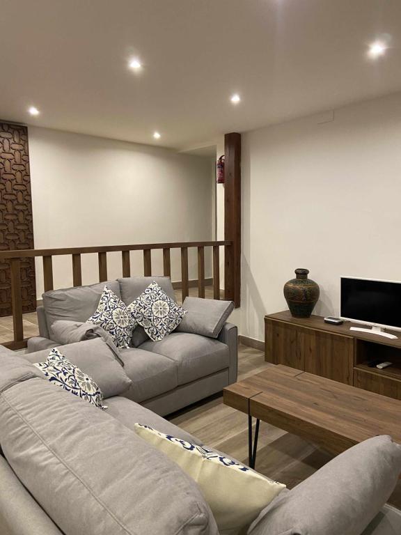 sala de estar con 2 sofás y TV en Llana 5 alojamiento turistico, en Jaén