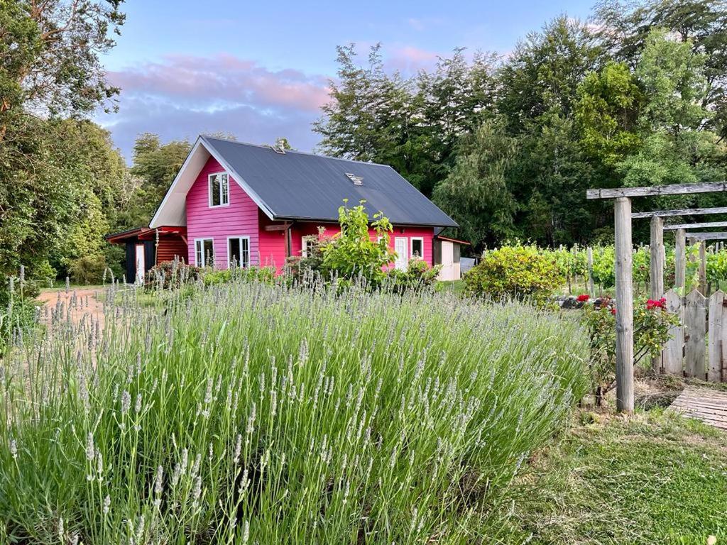 uma casa vermelha com um telhado preto num jardim em Casa Viña em Valdivia
