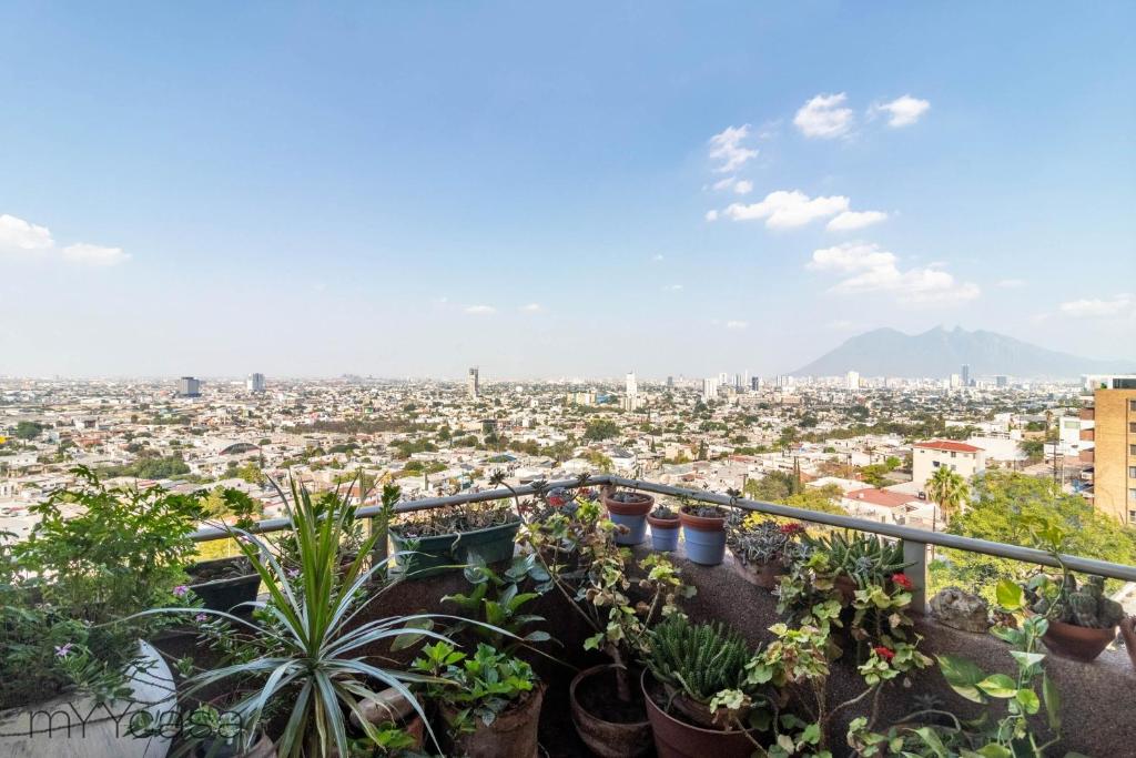 einen Blick auf die Stadt vom Balkon mit Pflanzen in der Unterkunft Espacioso y Cómodo Dpto. Bien Iluminado en Mty in Monterrey