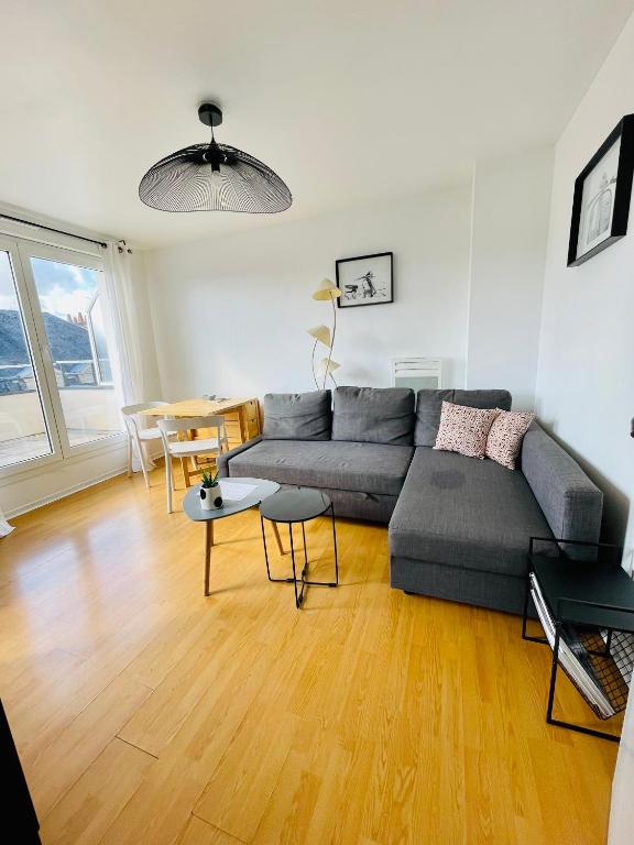 un salon avec un canapé gris et une table dans l'établissement La terrasse de Clovis, à Reims