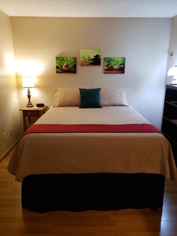 ein Schlafzimmer mit einem großen Bett mit einer Lampe in der Unterkunft Entire 1 BR Condo- Near Anschutz, UC Health, DIA- In-Unit Washer Dryer- Seasonal Discounts! in Aurora